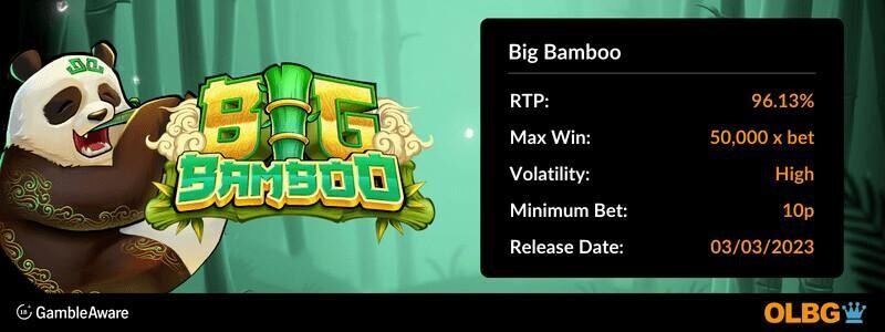 Big Bamboo slot information banner: RTP, max win, volatility, minimum bet and release date