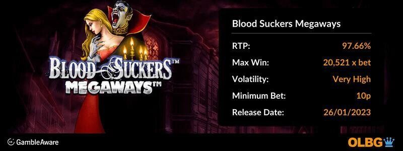 Blood Suckers Megaways slot information banner: RTP, max win, volatility, minimum bet and release date