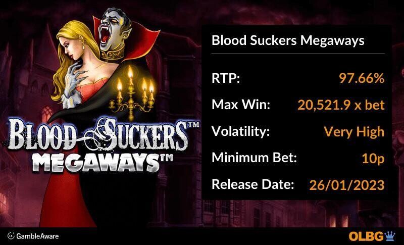 Blood Suckers Megaways slot information banner: RTP, max win, volatility, minimum bet and release date