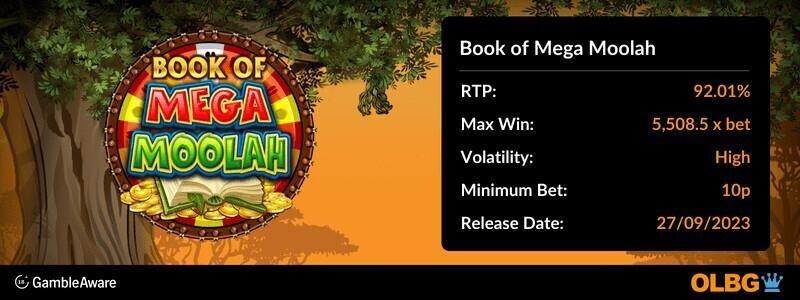 Book of Mega Moolah slot information banner: RTP, max win, volatility, minimum bet and release date