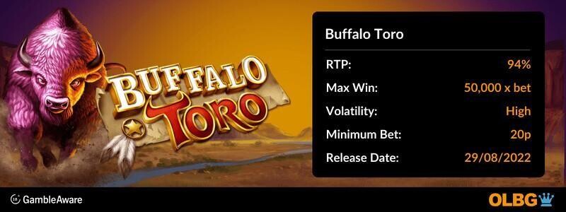 Buffalo Toro slot information banner: RTP, max win, volatility, minimum bet and release date