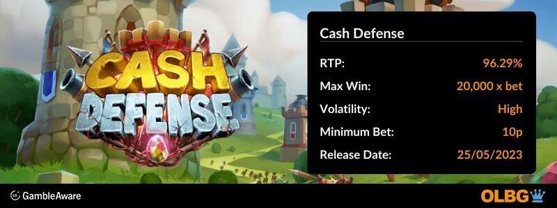 Cash Defense slot information banner: RTP, max win, volatility, minimum bet and release date