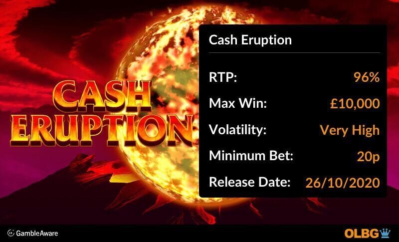 Cash Eruption slot information banner: RTP, max win, volatility, minimum bet and release date