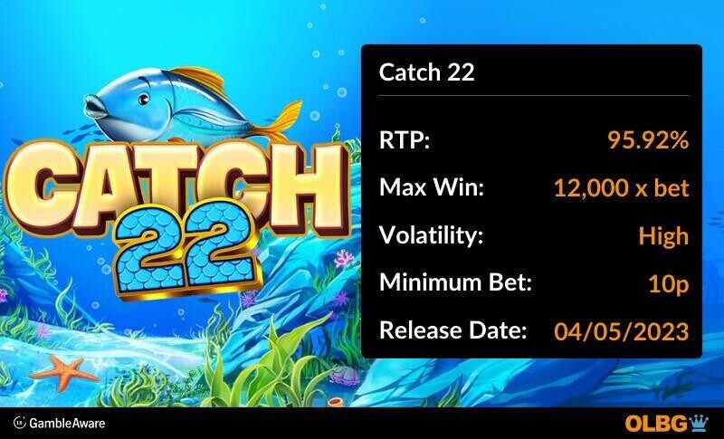 Catch 22 slot information banner: RTP, max win, volatility, minimum bet and release date