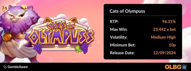 Cats of Olympuss slot information banner: RTP, max win, volatility, minimum bet and release date