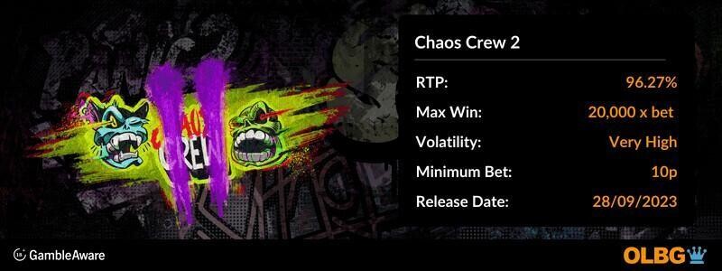 Chaos Crew 2 slot information banner: RTP, max win, volatility, minimum bet and release date