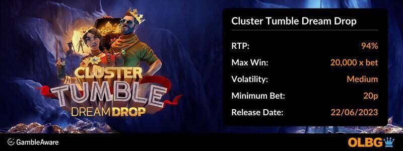 Cluster Tumble Dream Drop slot information banner: RTP, max win, volatility, minimum bet and release date