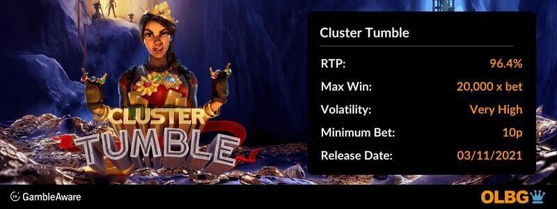 Cluster Tumble slot information banner: RTP, max win, volatility, minimum bet and release date