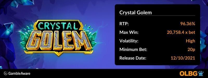 Crystal Golem slot information banner: RTP, max win, volatility, minimum bet and release date