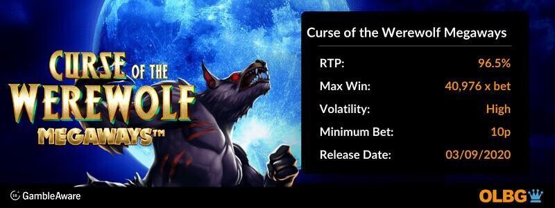 Curse of the Werewolf Megaways slot information banner: RTP, max win, volatility, minimum bet and release date