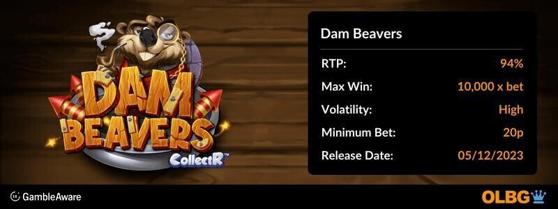 Dam Beavers slot information banner: RTP, max win, volatility, minimum bet and release date
