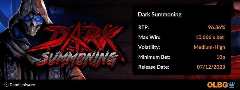 Dark Summoning slot information banner: RTP, max win, volatility, minimum bet and release date