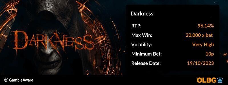 Darkness slot information banner: RTP, max win, volatility, minimum bet and release date