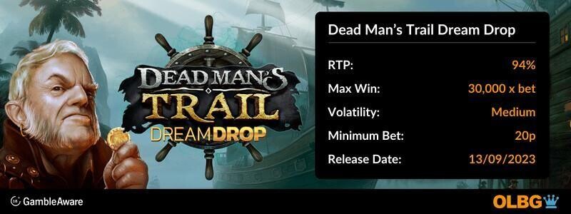 Dead Man's Trail Dream Drop slot information banner: RTP, max win, volatility, minimum bet and release date