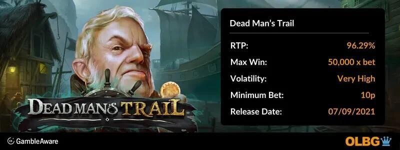 Dead Man's Trail slot information banner: RTP, max win, volatility, minimum bet and release date