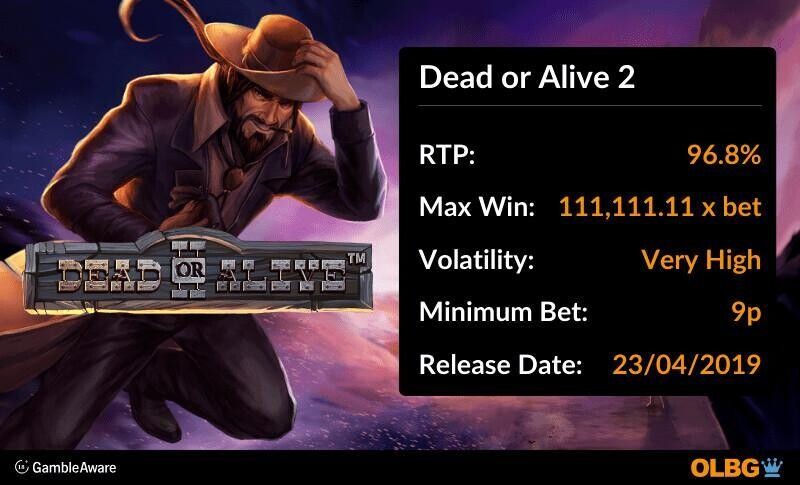 Dead or Alive 2 slot information banner: RTP, max win, volatility, minimum bet and release date