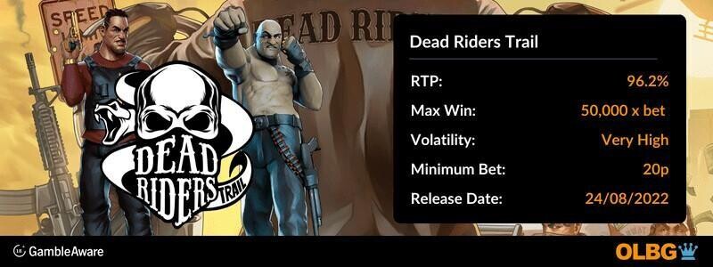 Dead Riders Trail slot information banner: RTP, max win, volatility, minimum bet and release date