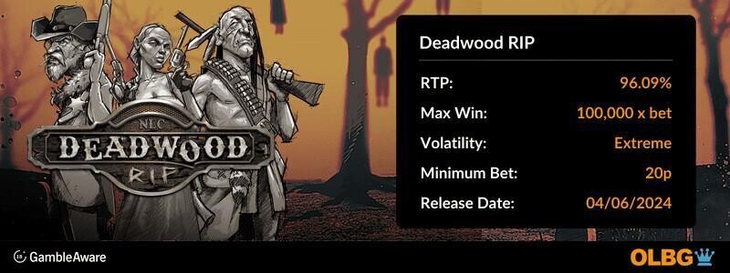 Deadwood RIP slot information banner: RTP, max win, volatility, minimum bet and release date