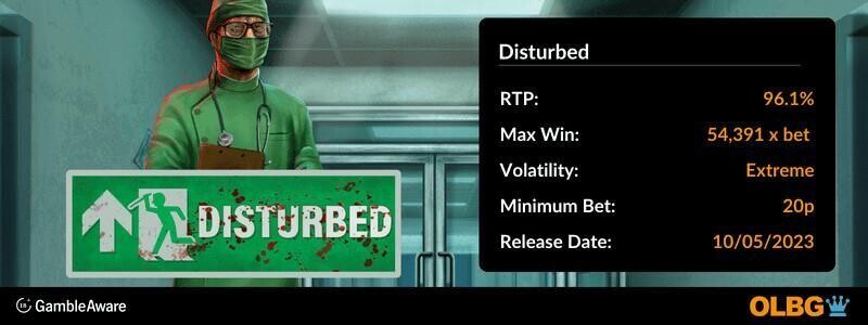 Disturbed slot information banner: RTP, max win, volatility, minimum bet and release date