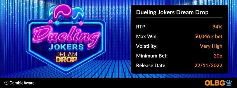 Dueling Jokers Dream Drop slot information banner: RTP, max win, volatility, minimum bet and release date