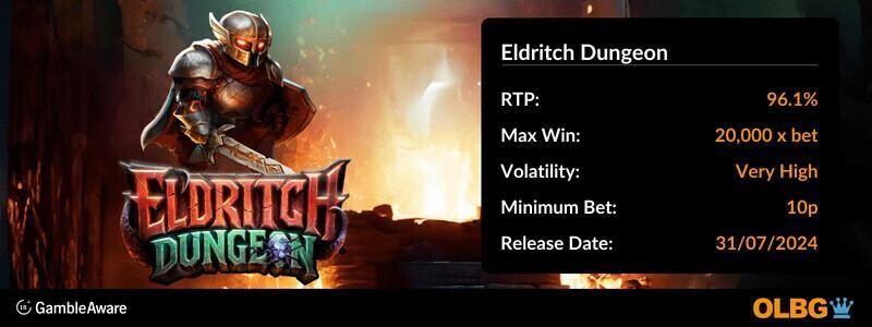 Eldritch Dungeon slot information banner: RTP, max win, volatility, minimum bet and release date
