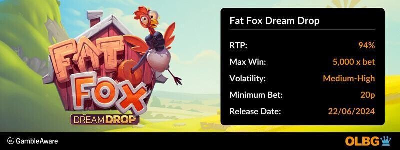 Fat Fox Dream Drop slot information banner: RTP, max win, volatility, minimum bet and release date