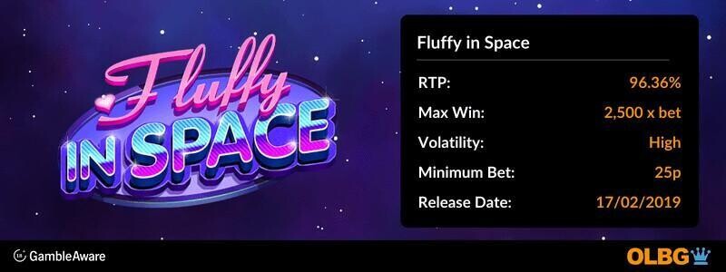 Fluffy in Space slot information banner: RTP, max win, volatility, minimum bet and release date