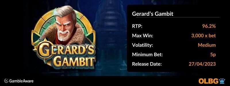 Gerard's Gambit slot information banner: RTP, max win, volatility, minimum bet and release date