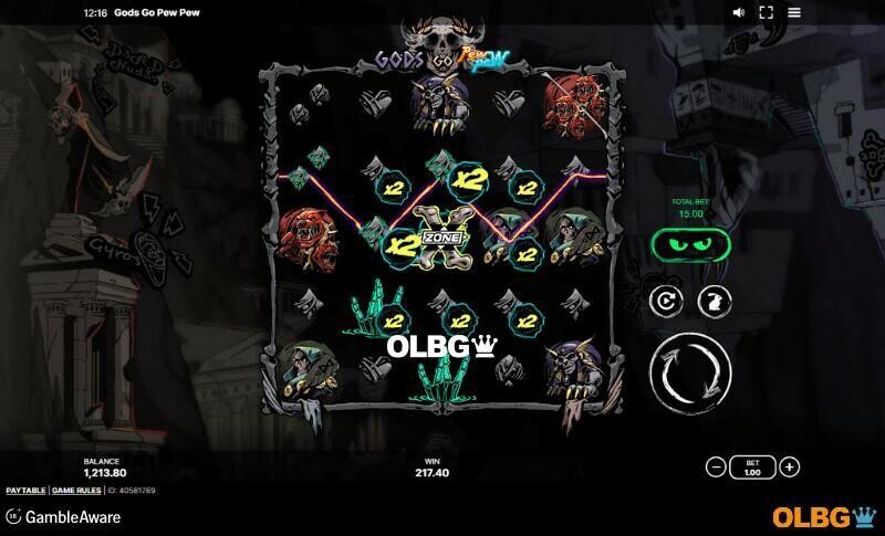 Gods Go Pew Pew slot xZone feature screenshot