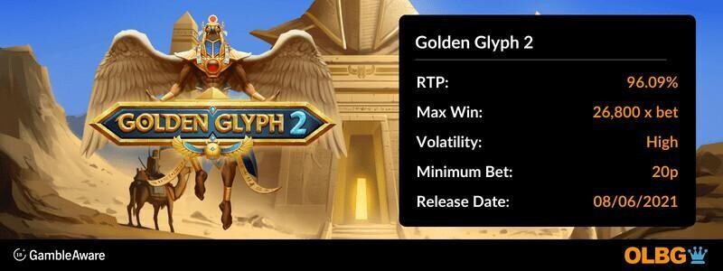 Golden Glyph 2 slot information banner: RTP, max win, volatility, minimum bet and release date