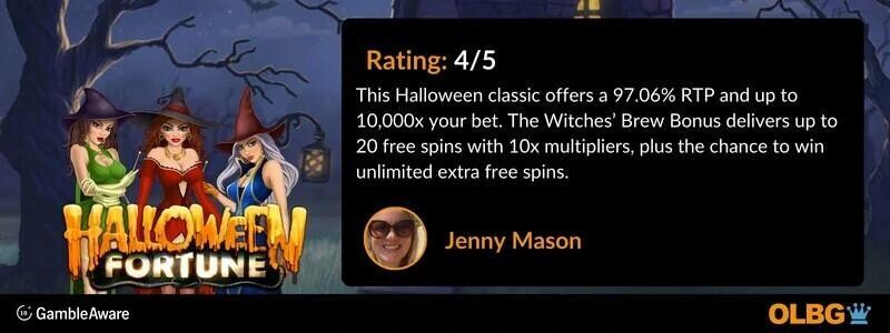 A banner showing the OLBG rating for the Halloween Fortune slot game