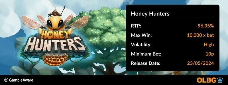 Honey Hunters slot information banner: RTP, max win, volatility, minimum bet and release date
