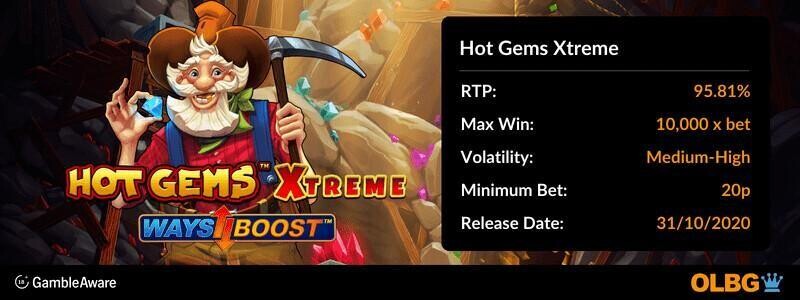 Spanduk informasi slot Hot Gems Xtreme: RTP, kemenangan maksimal, volatilitas, taruhan minimum, dan tanggal rilis