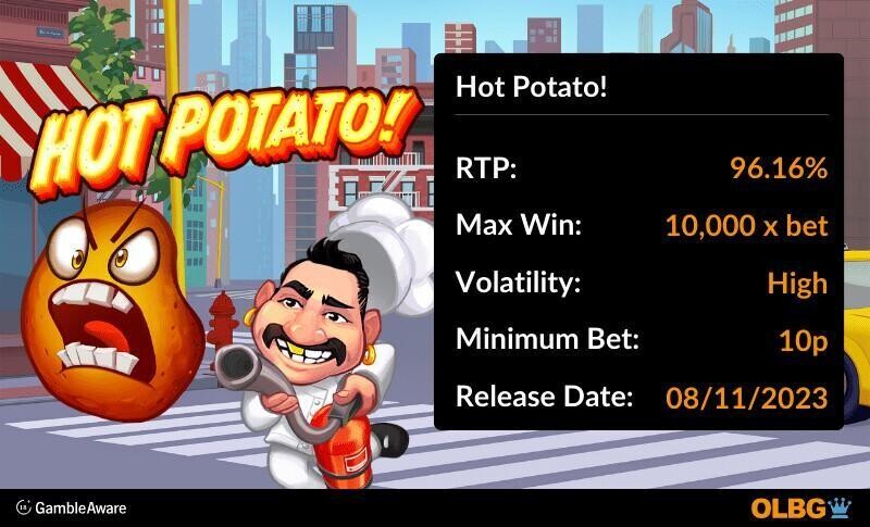 Hot Potato slot information banner: RTP, max win, volatility, minimum bet and release date