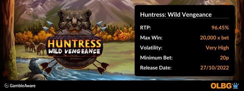 Huntress Wild Vengeance slot information banner: RTP, max win, volatility, minimum bet and release date
