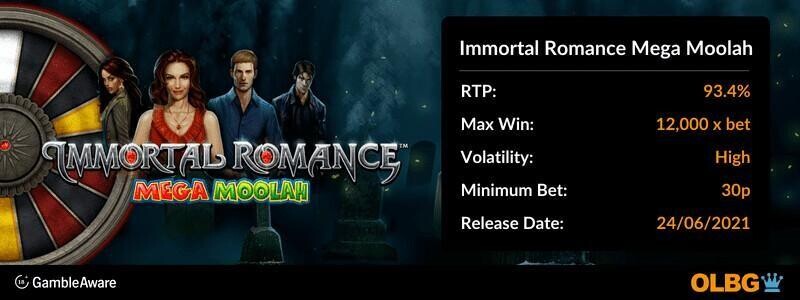 Immortal Romance Mega Moolah slot information banner: RTP, max win, volatility, minimum bet and release date