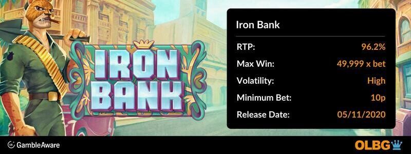 Iron Bank slot information banner: RTP, max win, volatility, minimum bet and release date