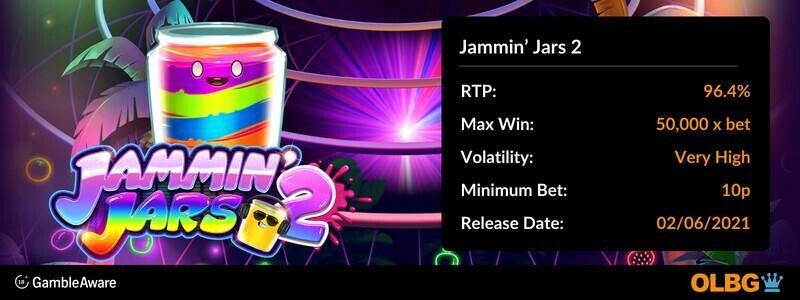 Jammin' Jars 2 slot information banner: RTP, max win, volatility, minimum bet and release date