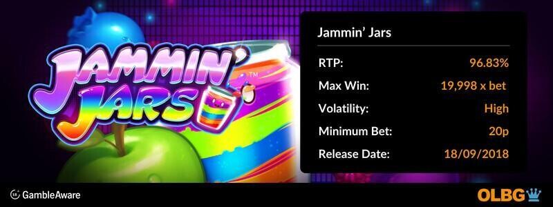 Jammin' Jars slot information banner: RTP, max win, volatility, minimum bet and release date
