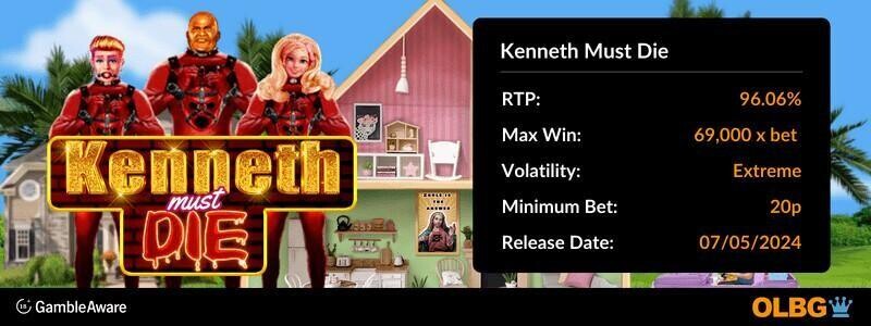 Kenneth Must Die slot information banner: RTP, max win, volatility, minimum bet and release date