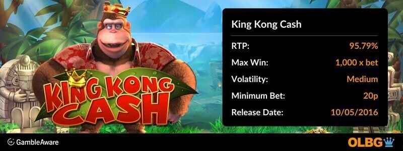 King Kong Cash slot information banner: RTP, max win, volatility, minimum bet and release date