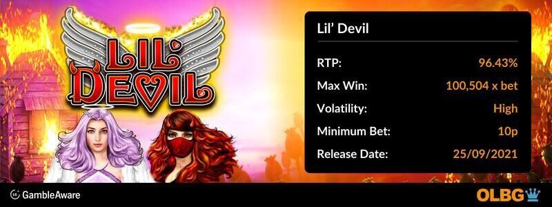 Lil' Devil slot information banner: RTP, max win, volatility, minimum bet and release date