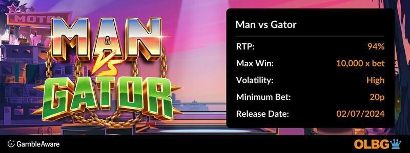 Man vs Gator slot information banner: RTP, max win, volatility, minimum bet and release date