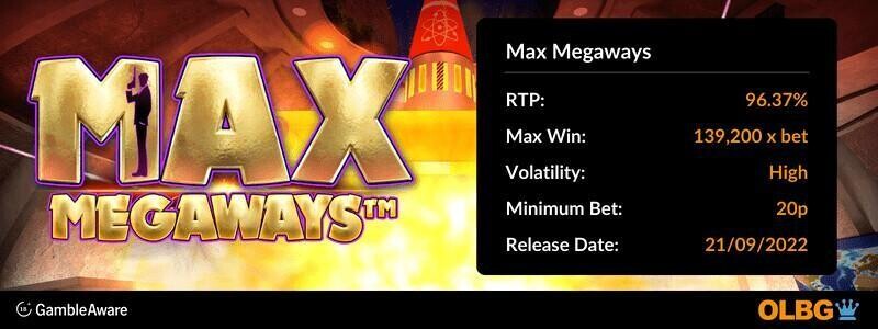Max Megaways slot information banner: RTP, max win, volatility, minimum bet and release date