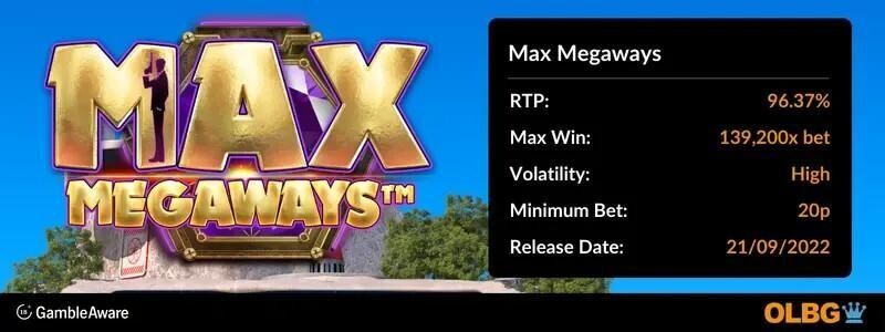 Max Megaways slot information banner: RTP, max win, volatility, minimum bet and release date