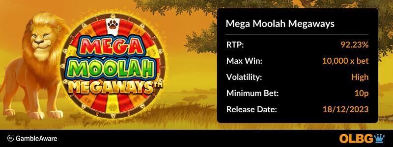 Mega Moolah Megaways slot information banner: RTP, max win, volatility, minimum bet and release date