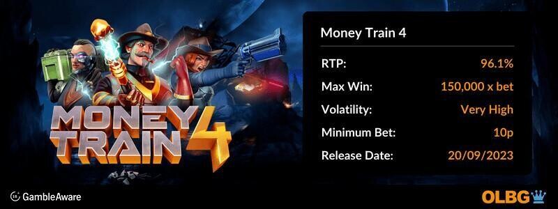 Money Train 4 slot information banner: RTP, max win, volatility, minimum bet and release date