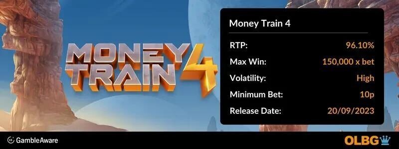 Spanduk informasi slot Money Train 4: RTP, kemenangan maksimal, volatilitas, taruhan minimum, dan tanggal rilis