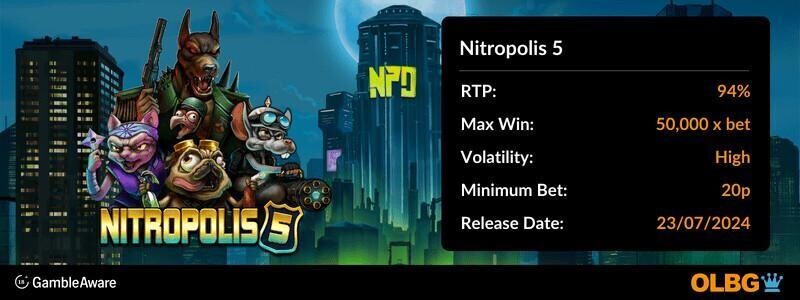 Nitropolis 5 slot information banner: RTP, max win, volatility, minimum bet and release date