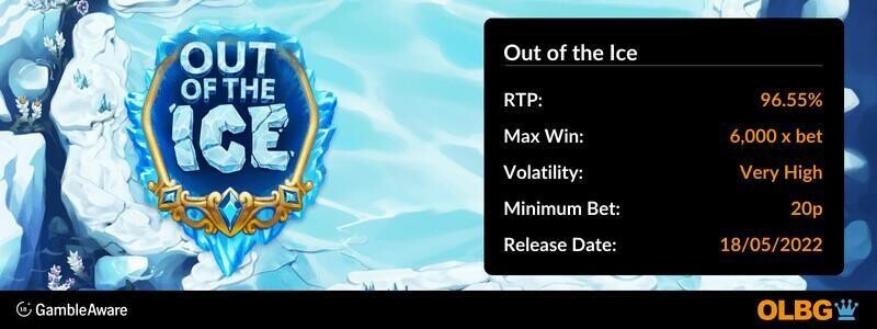 Out of the Ice slot information banner: RTP, max win, volatility, minimum bet and release date